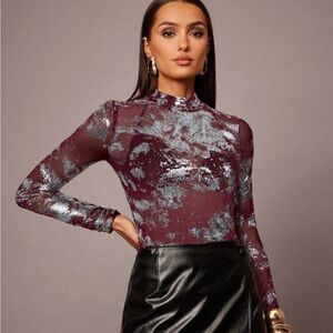 Burgundy and Silver Semi-Sheer Metallic Long Sleeve Top NEW 🏷️